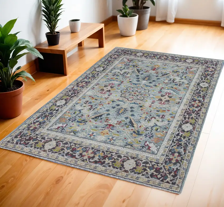 Teal Blue Orange and Black Floral Distressed Non Skid Area Rug Photo 1