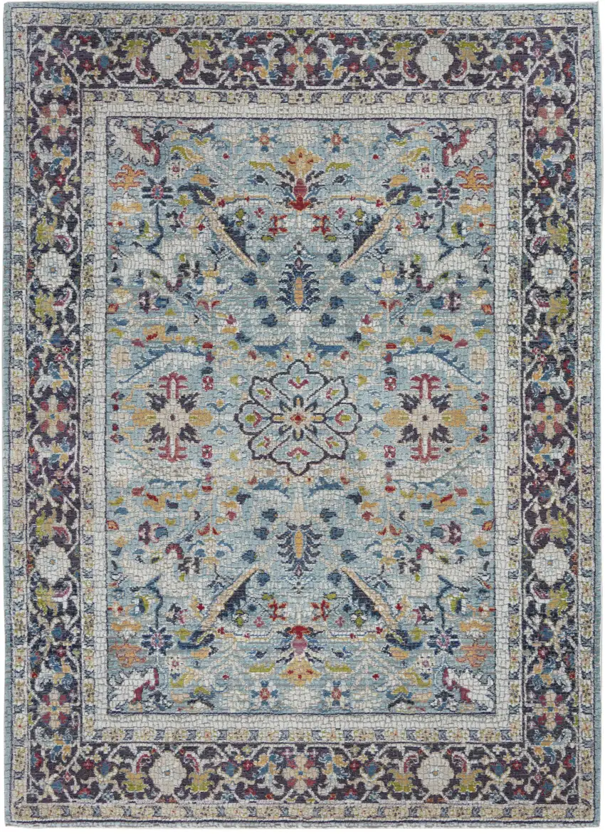 Teal Blue Orange and Black Floral Distressed Non Skid Area Rug Photo 2