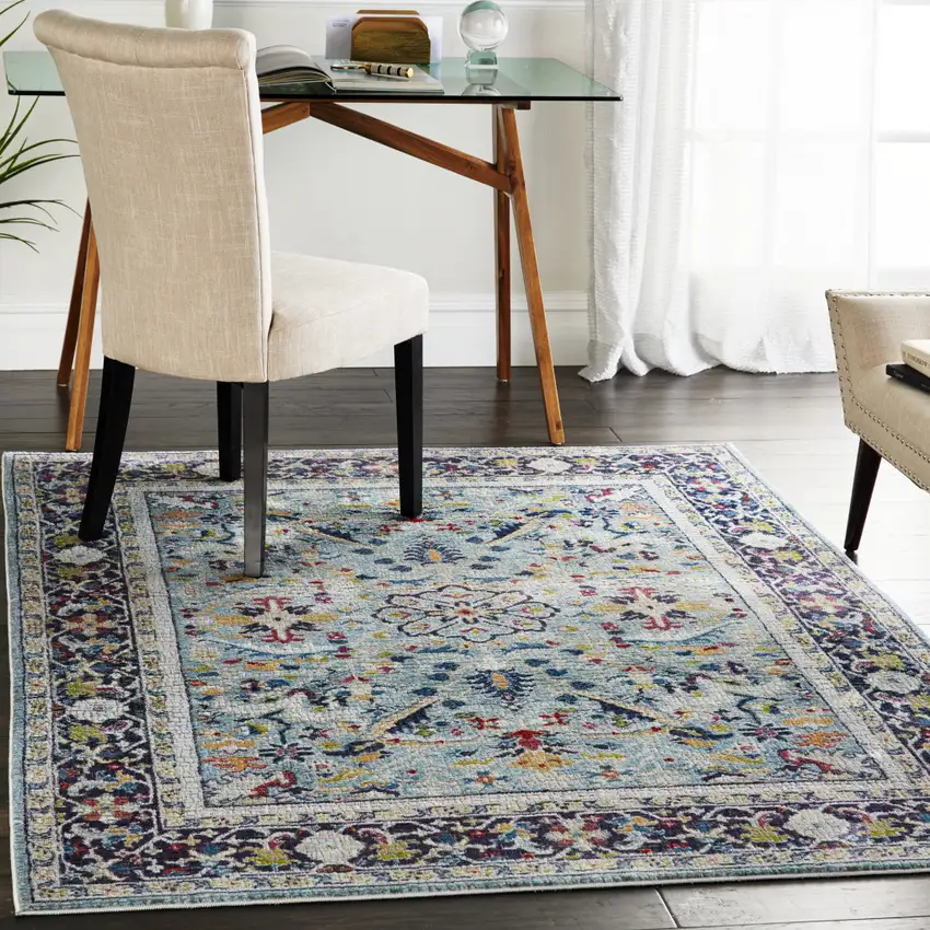 Teal Blue Orange and Black Floral Distressed Non Skid Area Rug Photo 7