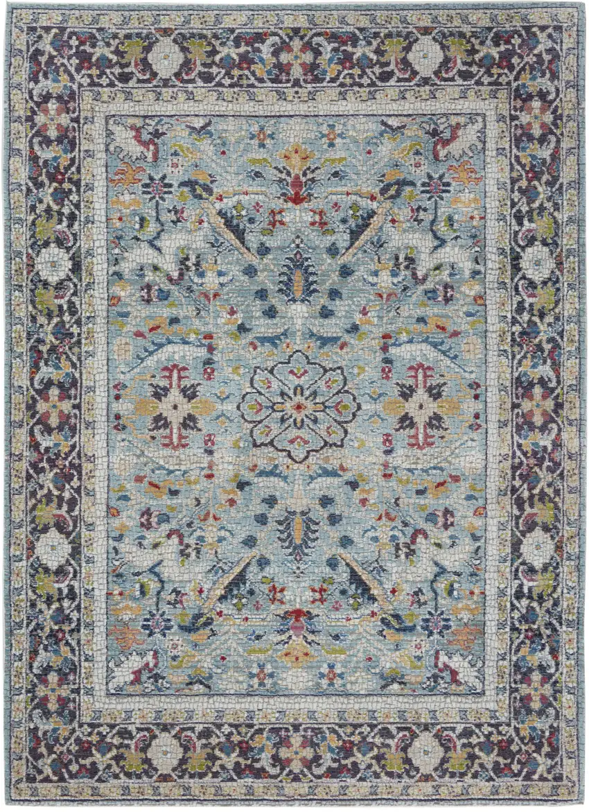 Teal Blue Orange and Black Floral Distressed Non Skid Area Rug Photo 9