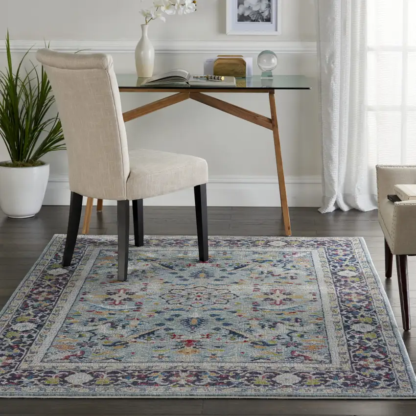 Teal Blue Orange and Black Floral Distressed Non Skid Area Rug Photo 5