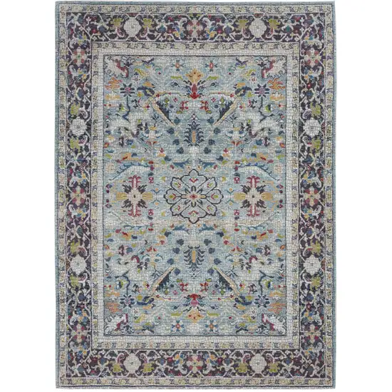 Teal Blue Orange and Black Floral Distressed Non Skid Area Rug Photo 1