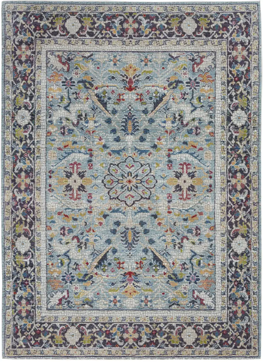 Teal Blue Orange and Black Floral Distressed Non Skid Area Rug Photo 1