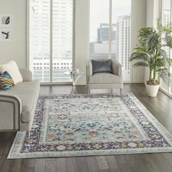 Teal Blue Orange and Black Floral Medallion Distressed Non Skid Area Rug Photo 5