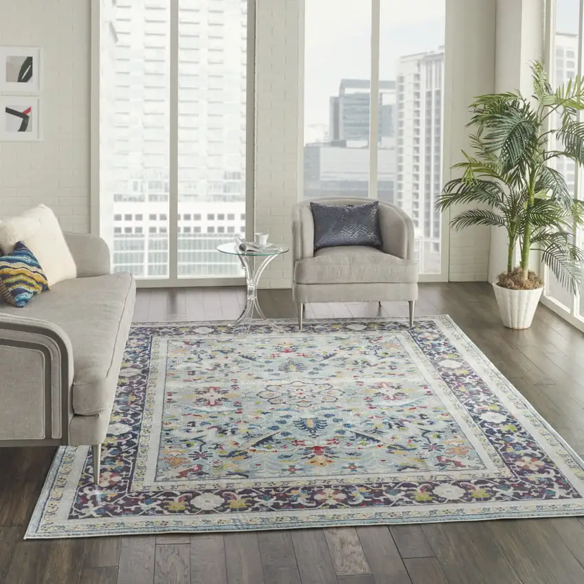 Teal Blue Orange and Black Floral Medallion Distressed Non Skid Area Rug Photo 5