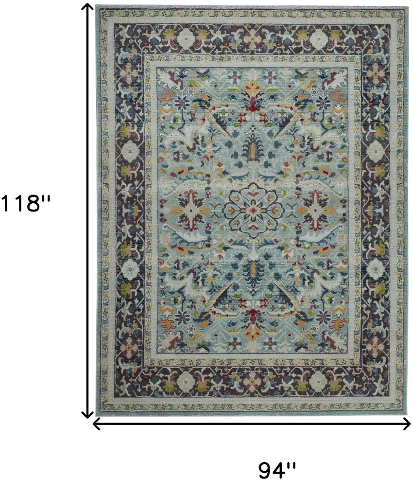 Teal Blue Orange and Black Floral Medallion Distressed Non Skid Area Rug Photo 3