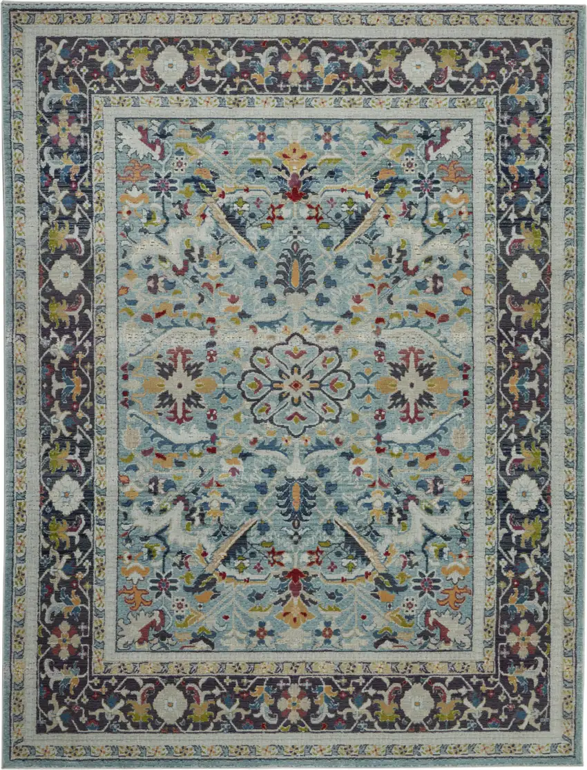 Teal Blue Orange and Black Floral Medallion Distressed Non Skid Area Rug Photo 2