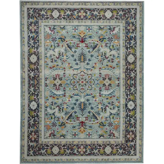 Teal Blue Orange and Black Floral Medallion Distressed Non Skid Area Rug Photo 1