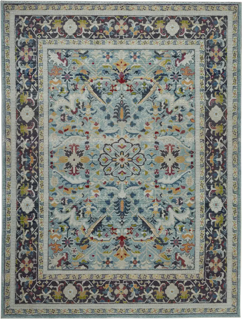 Teal Blue Orange and Black Floral Medallion Distressed Non Skid Area Rug Photo 1
