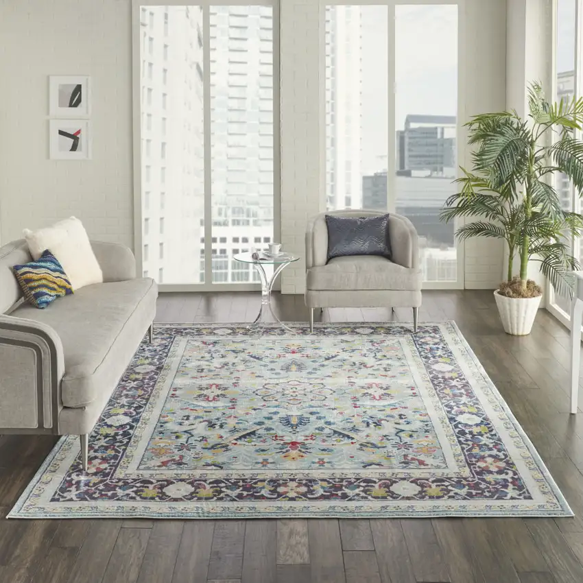 Teal Blue Orange and Black Floral Medallion Distressed Non Skid Area Rug Photo 3