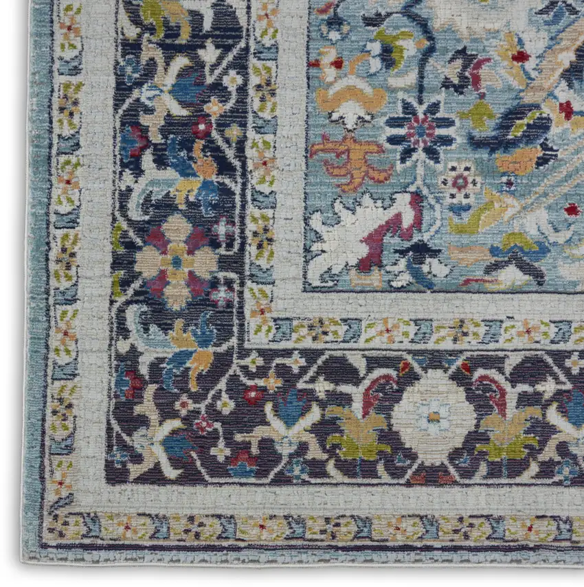 Teal Blue Orange and Black Floral Medallion Distressed Non Skid Area Rug Photo 8