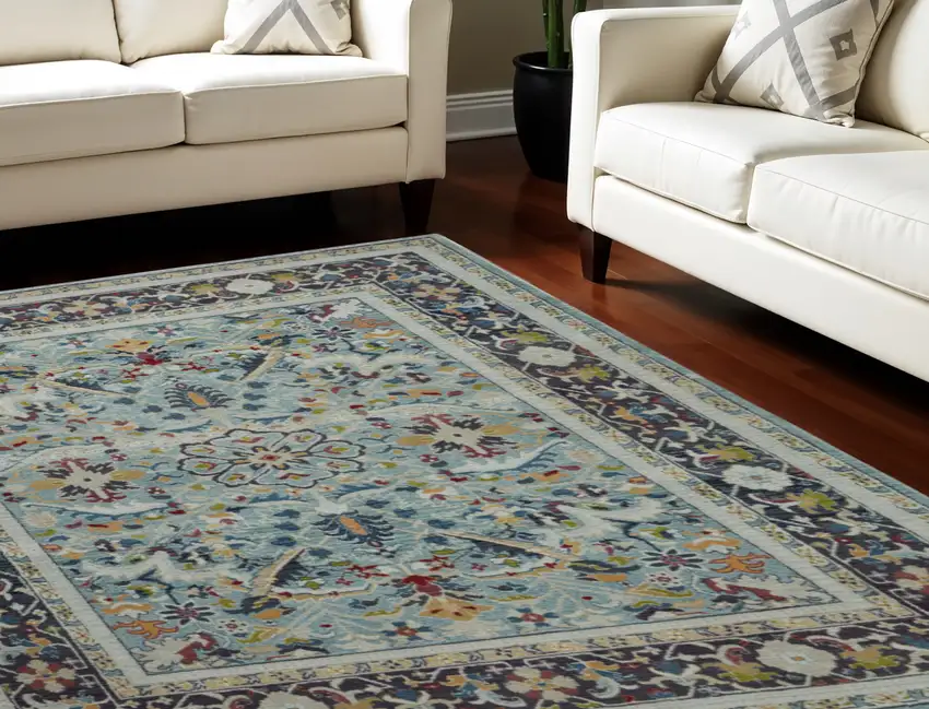 Teal Blue Orange and Black Floral Medallion Distressed Non Skid Area Rug Photo 1