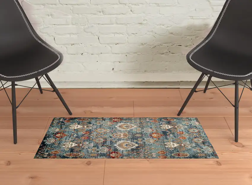Teal Blue Oriental Power Loom Area Rug With Fringe Photo 4