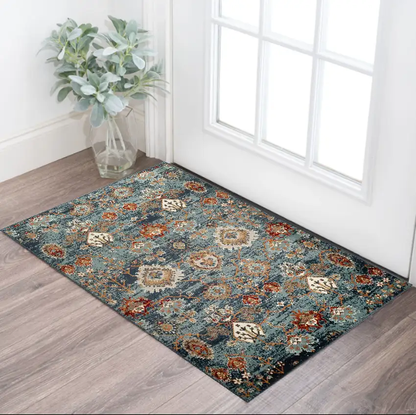 Teal Blue Oriental Power Loom Area Rug With Fringe Photo 1
