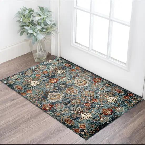 Teal Rust and Orange Oriental Power Loom Area Rug Photo 1