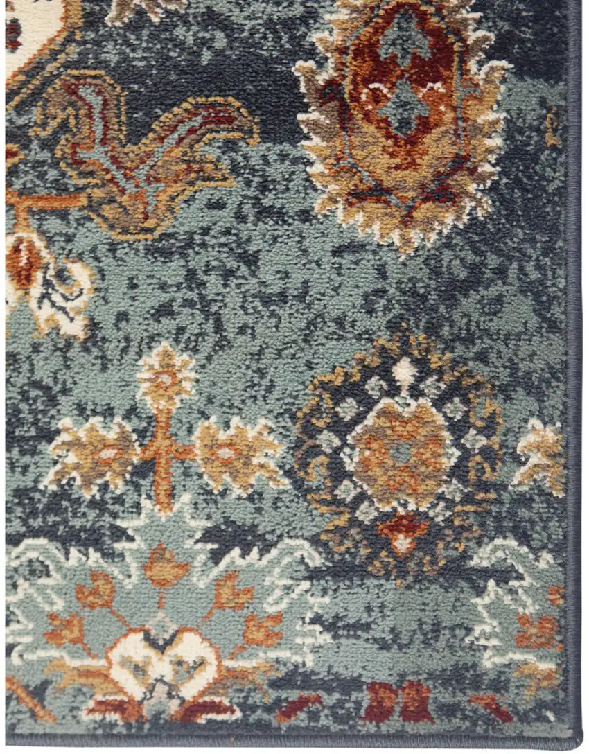 Teal Blue Oriental Power Loom Area Rug With Fringe Photo 2