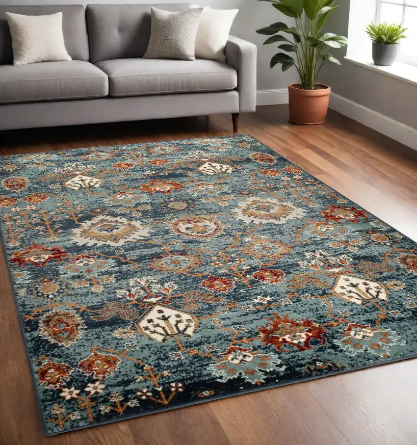 5' X 7' Teal Blue Oriental Power Loom Area Rug With Fringe Photo 1