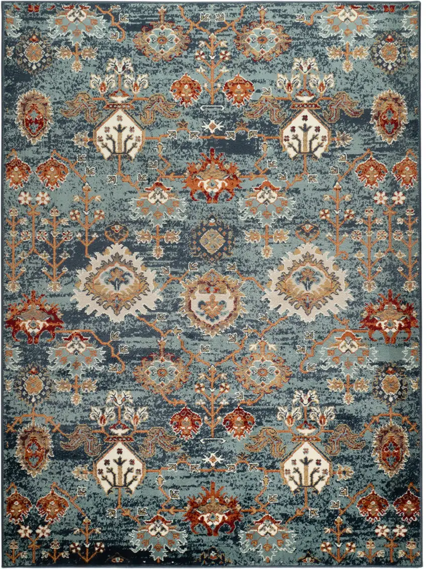 Teal Blue Oriental Power Loom Area Rug With Fringe Photo 1