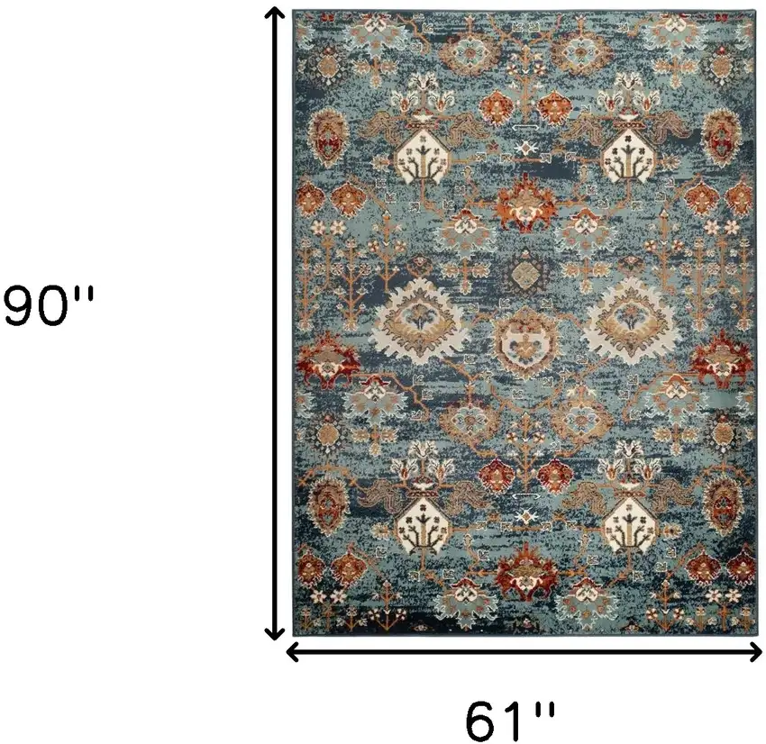 Teal Blue Oriental Power Loom Area Rug With Fringe Photo 8