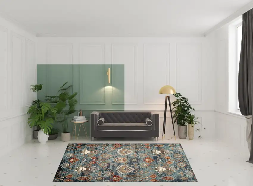 Teal Blue Oriental Power Loom Area Rug Photo 4
