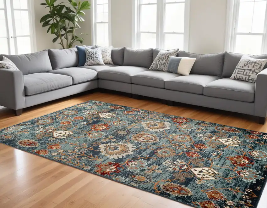 Teal Blue Oriental Power Loom Area Rug Photo 1