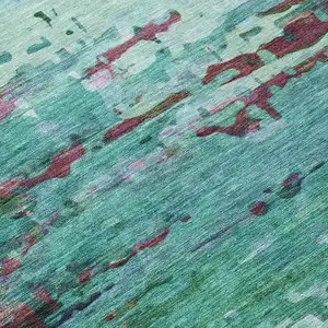 Photo of Teal Blue Pale Aqua And Plum Abstract Washable Indoor Outdoor Area Rug