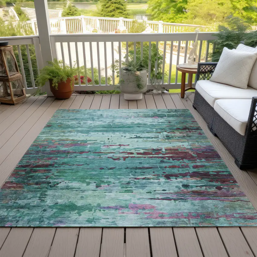Teal Blue Pale Aqua And Plum Abstract Washable Indoor Outdoor Area Rug Photo 7