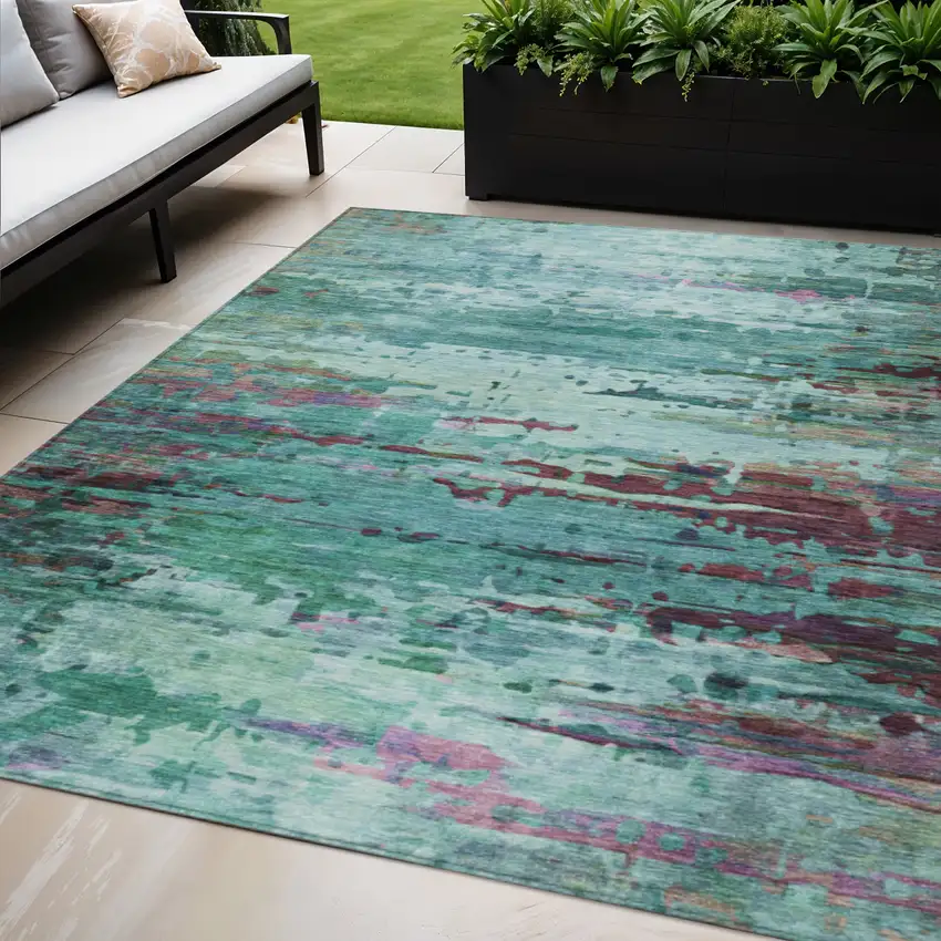 Teal Blue Pale Aqua And Plum Abstract Washable Indoor Outdoor Area Rug Photo 2