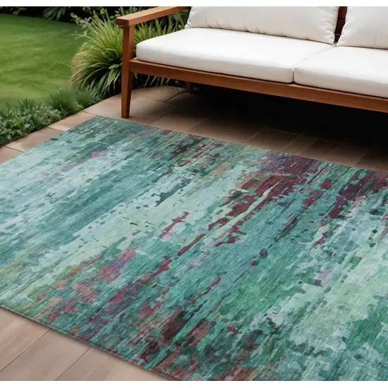 Teal Blue Pale Aqua And Plum Abstract Washable Indoor Outdoor Area Rug Photo 2