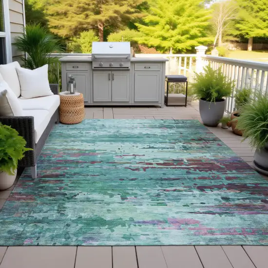 Teal Blue Pale Aqua And Plum Abstract Washable Indoor Outdoor Area Rug Photo 4