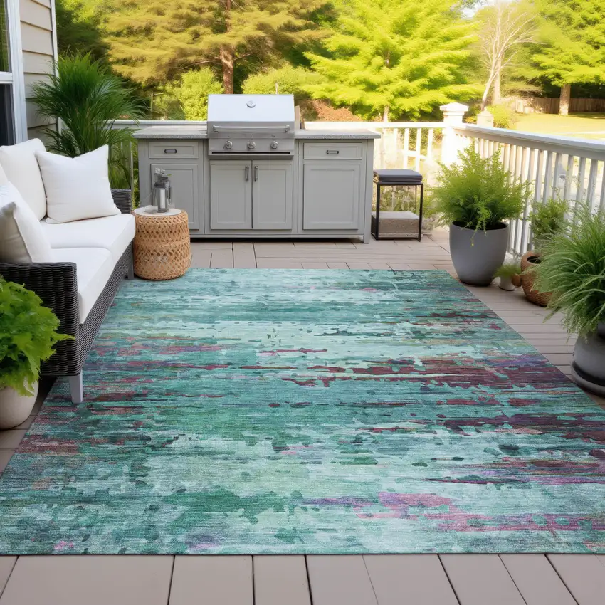 Teal Blue Pale Aqua And Plum Abstract Washable Indoor Outdoor Area Rug Photo 4