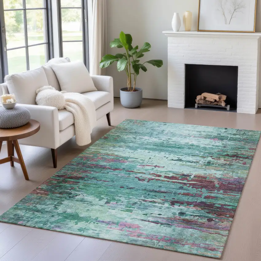 Teal Blue Pale Aqua And Plum Abstract Washable Indoor Outdoor Area Rug Photo 5