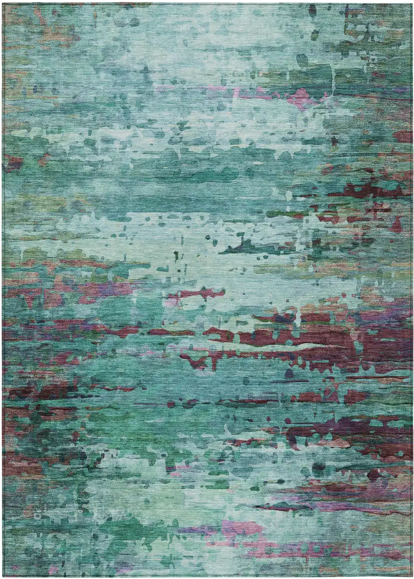 Teal Blue Pale Aqua And Plum Abstract Washable Indoor Outdoor Area Rug Photo 7