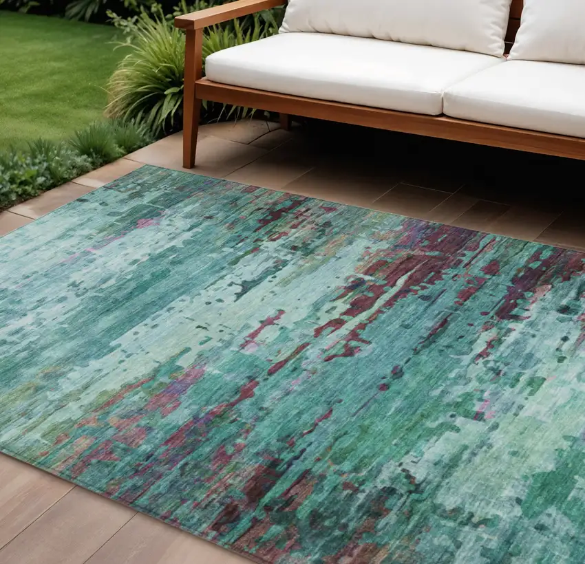 Teal Blue Pale Aqua And Plum Abstract Washable Indoor Outdoor Area Rug Photo 2
