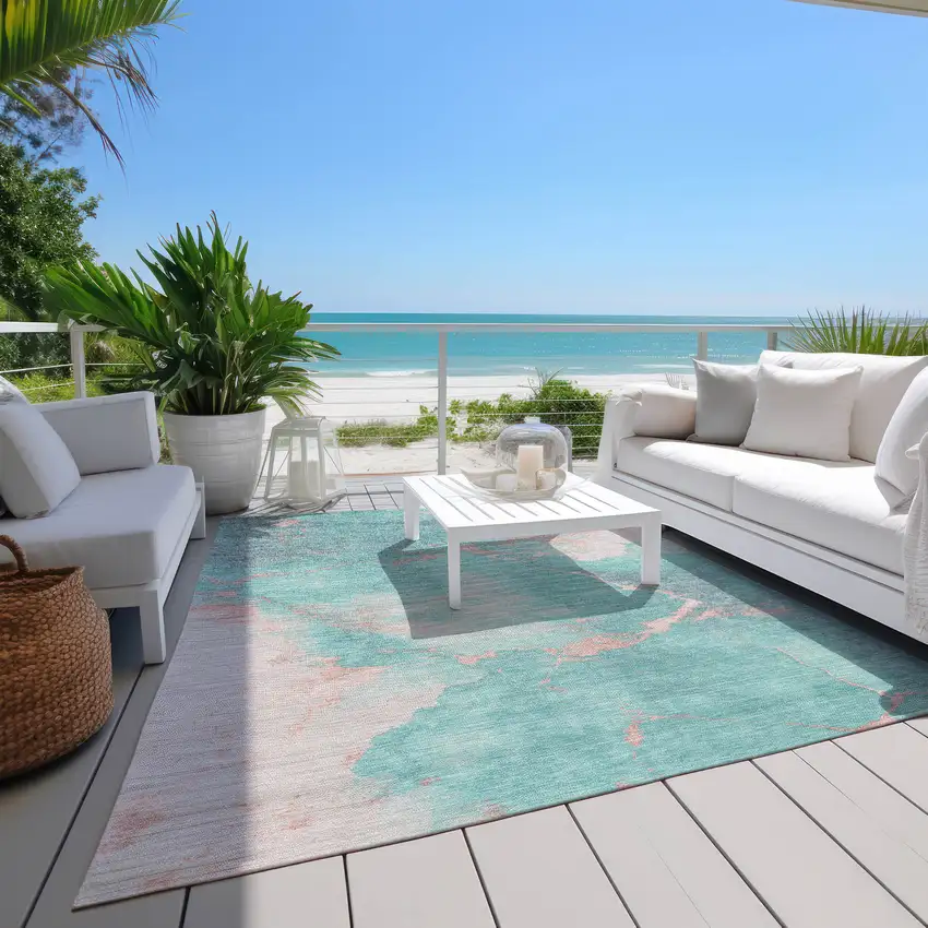 Teal Blue Peach And Ivory Abstract Washable Indoor Outdoor Area Rug Photo 8