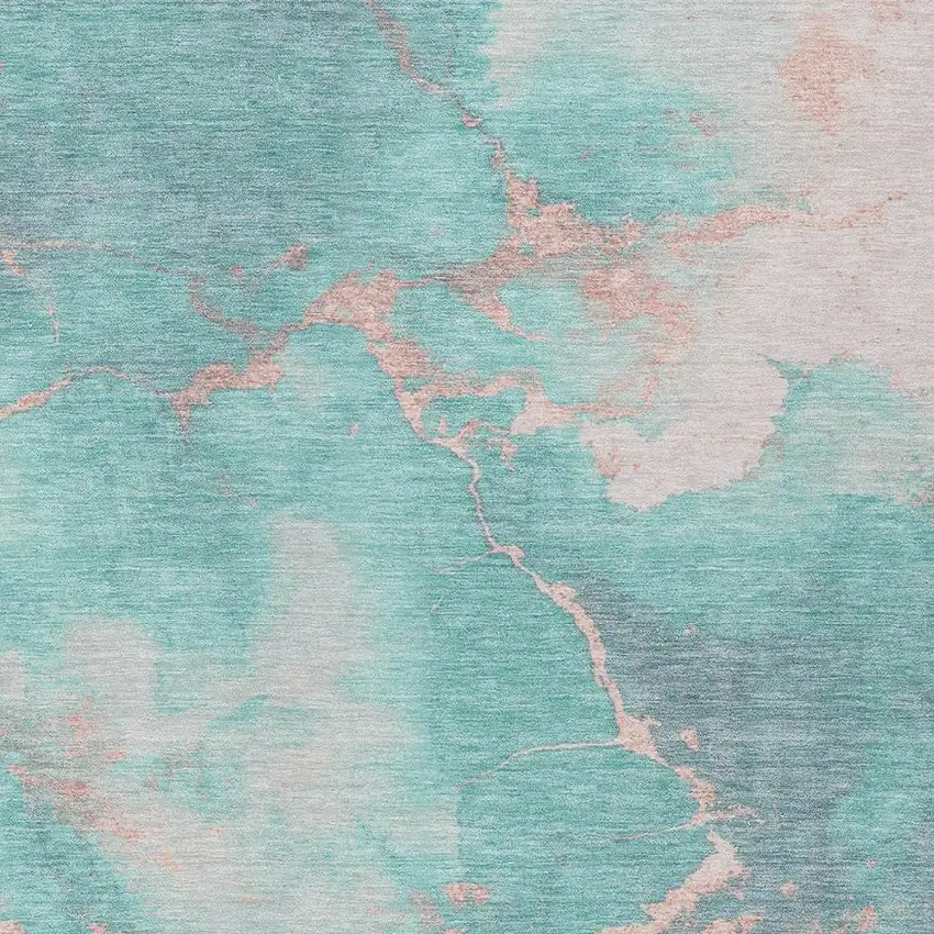 Teal Blue Peach And Ivory Abstract Washable Indoor Outdoor Area Rug Photo 3