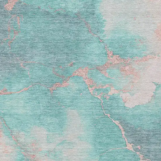 Teal Blue Peach And Ivory Abstract Washable Indoor Outdoor Area Rug Photo 3