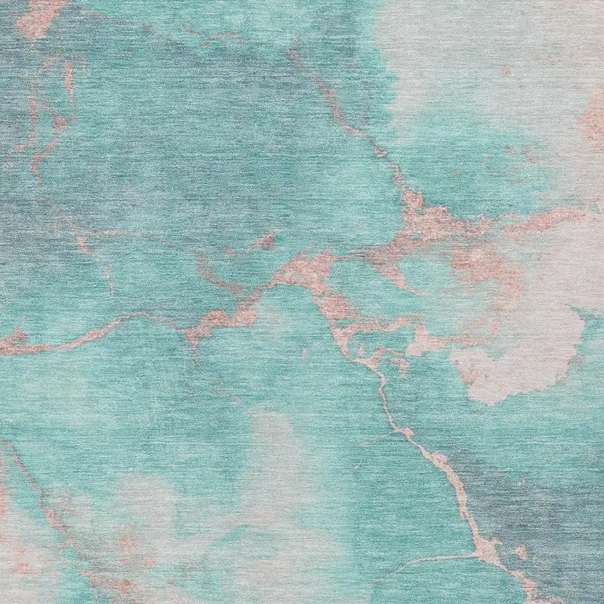 Teal Blue Peach And Ivory Abstract Washable Indoor Outdoor Area Rug Photo 3