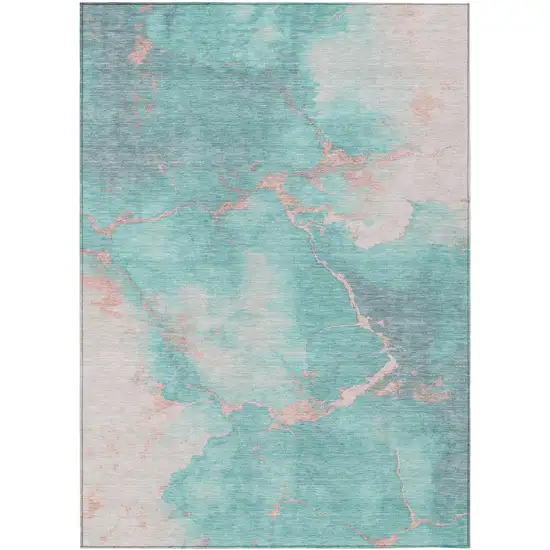 Teal Blue Peach And Ivory Abstract Washable Indoor Outdoor Area Rug Photo 1