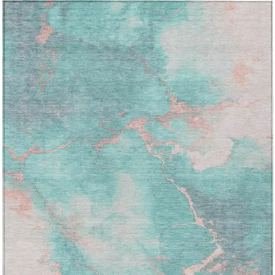 Teal Blue Peach And Ivory Abstract Washable Indoor Outdoor Area Rug Photo 4