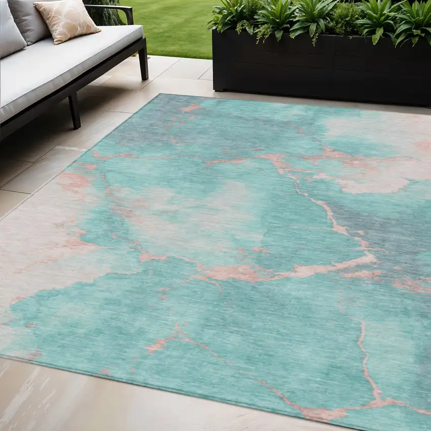 Teal Blue Peach And Ivory Abstract Washable Indoor Outdoor Area Rug Photo 2