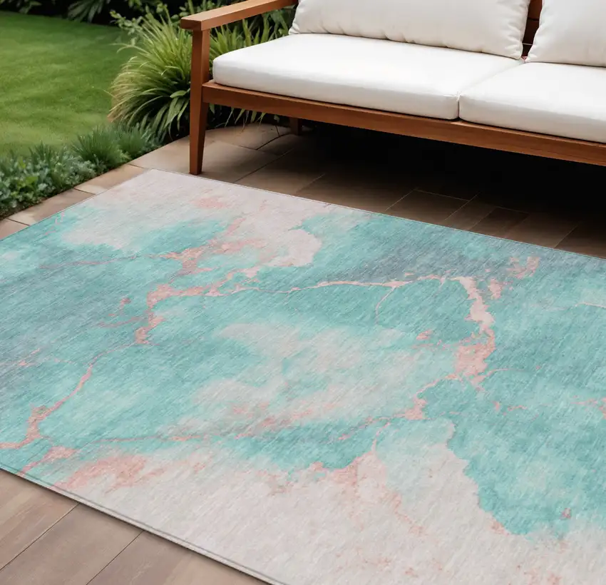 Teal Blue Peach And Ivory Abstract Washable Indoor Outdoor Area Rug Photo 2
