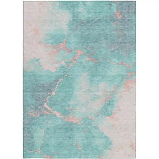 Teal Blue Peach And Ivory Abstract Washable Indoor Outdoor Area Rug Photo 4