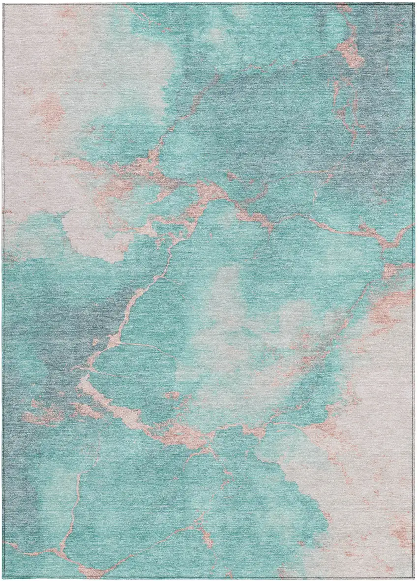 Teal Blue Peach And Ivory Abstract Washable Indoor Outdoor Area Rug Photo 4