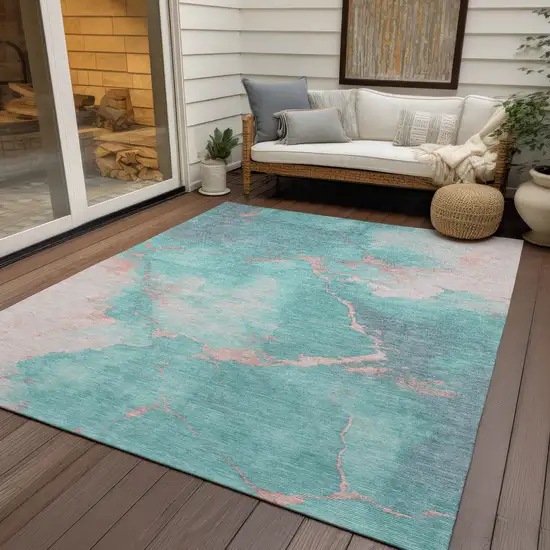 Teal Blue Peach And Ivory Abstract Washable Indoor Outdoor Area Rug Photo 5