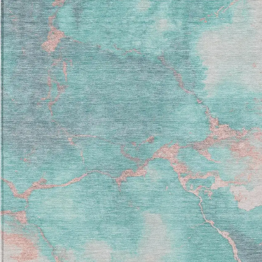 Teal Blue Peach And Ivory Abstract Washable Indoor Outdoor Area Rug Photo 3