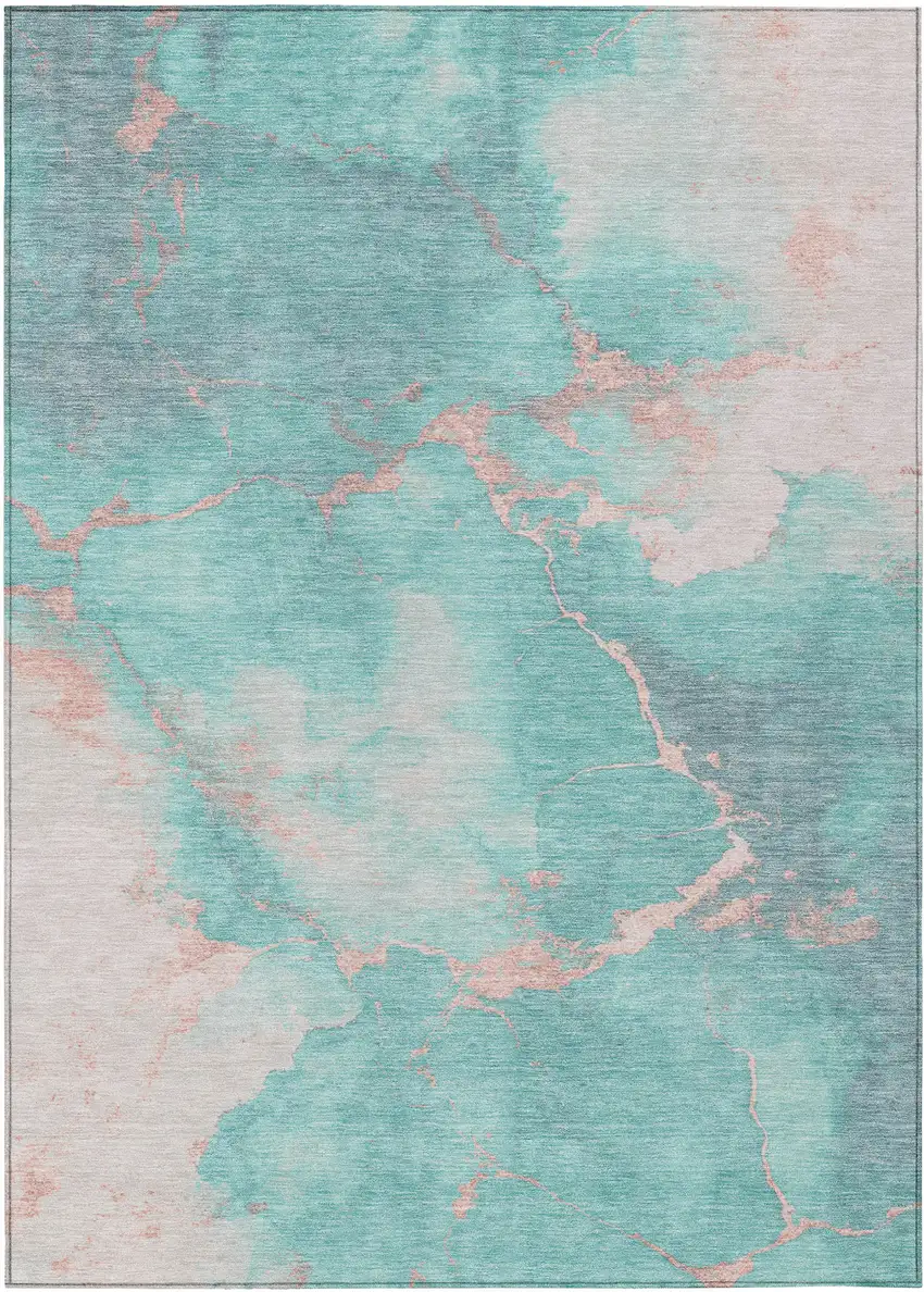 Teal Blue Peach And Ivory Abstract Washable Indoor Outdoor Area Rug Photo 1