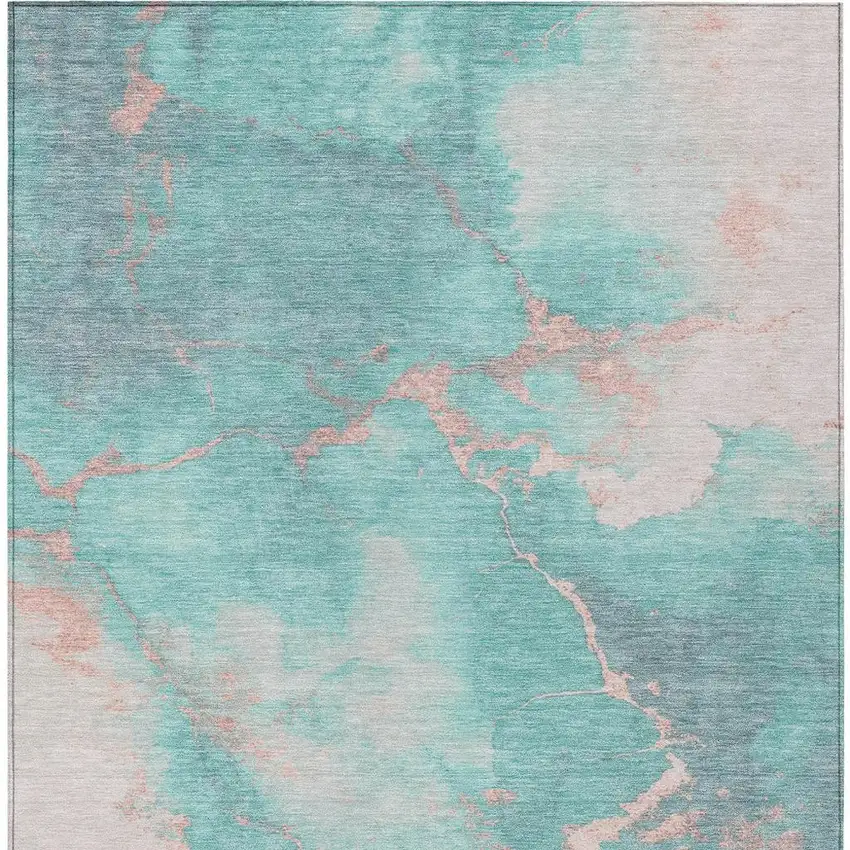 Teal Blue Peach And Ivory Abstract Washable Indoor Outdoor Area Rug Photo 4