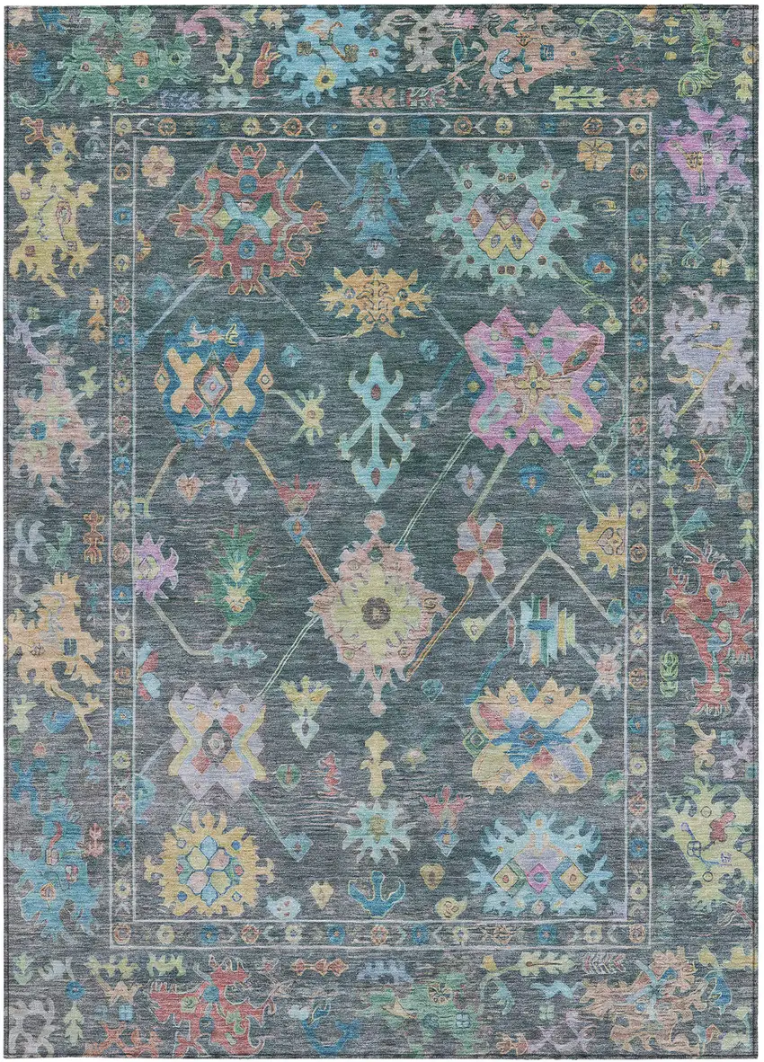 Teal Blue Pink And Gold Floral Washable Indoor Outdoor Area Rug Photo 5