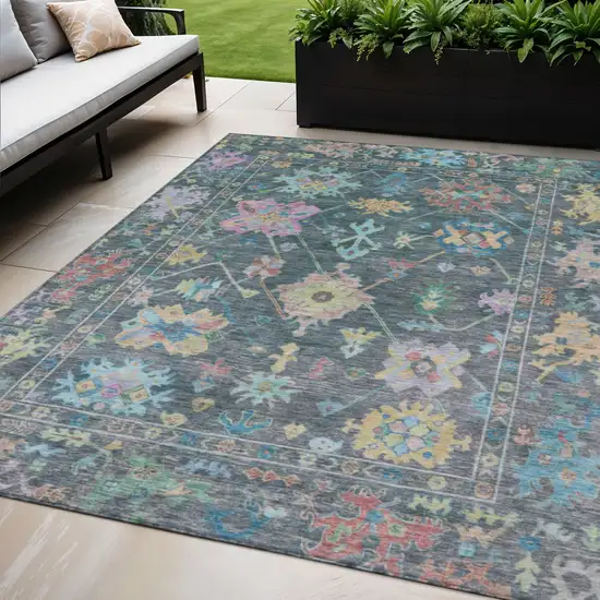 Teal Blue Pink And Gold Floral Washable Indoor Outdoor Area Rug Photo 1